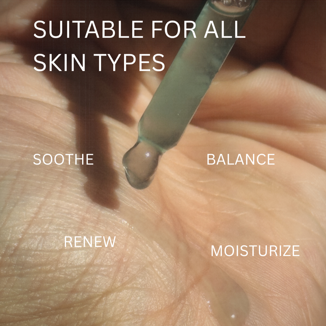 Skincare dropper with droplet on skin, labeled for skin care benefits.