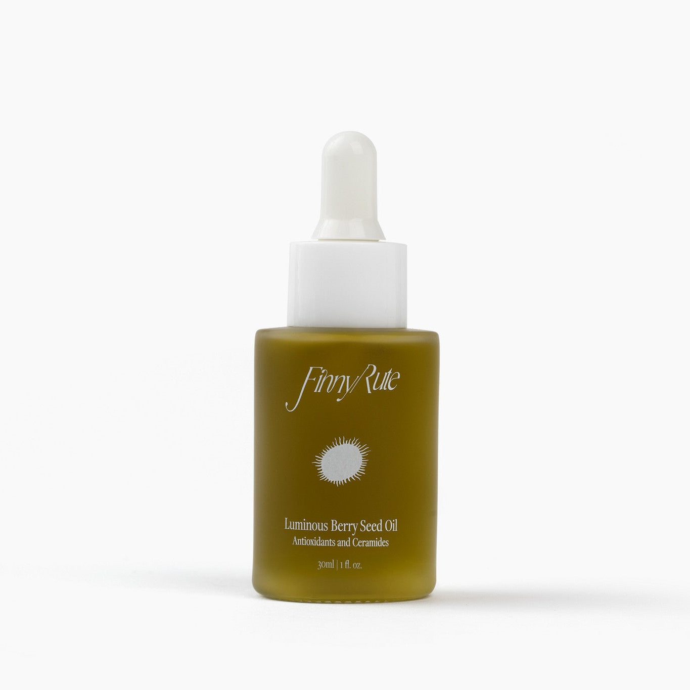 Skincare serum bottle with white cap and olive green body on a white background