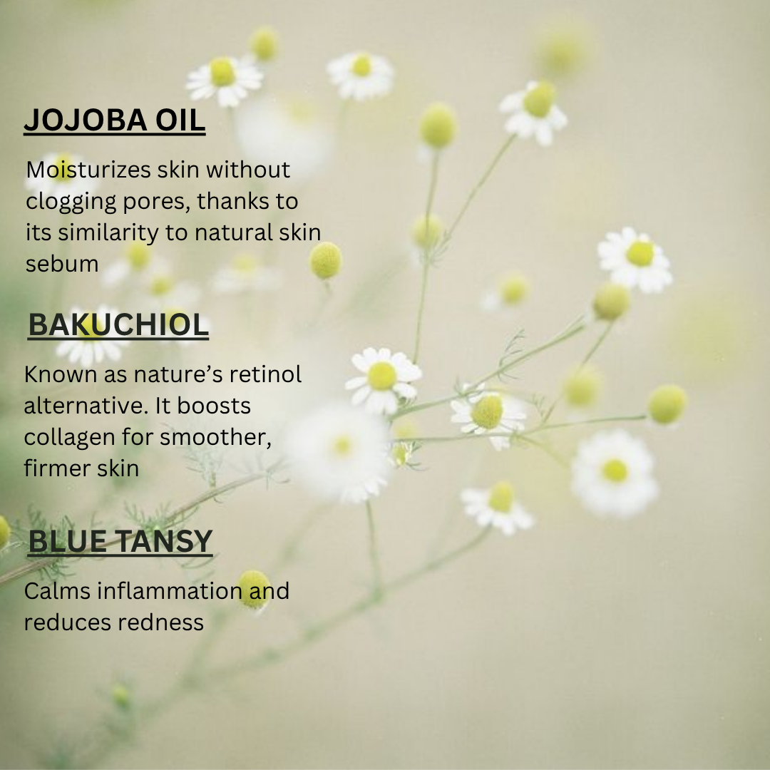 Floral background with text about jojoba oil, bakuchiol, and blue tansy.