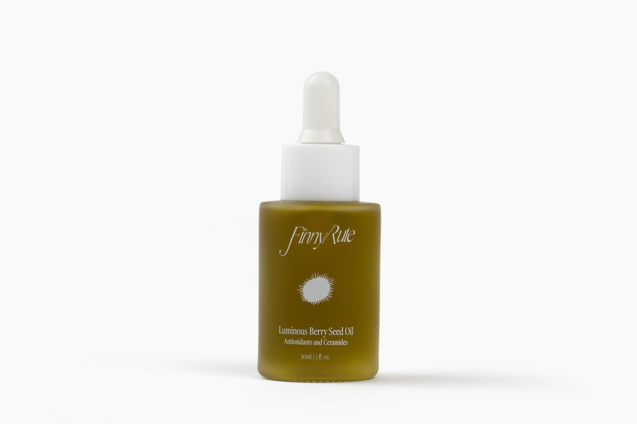 Skincare serum bottle with white cap and olive green body on a white background